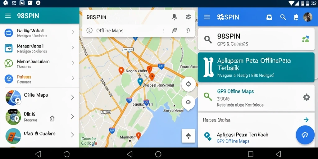 Antarmuka utama aplikasi GPS Offline Maps 98SPIN yang informatif dan mudah digunakan.