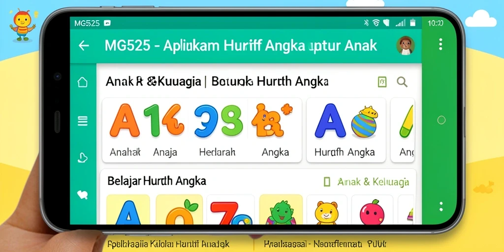 Antarmuka aplikasi MG525 yang menarik untuk belajar huruf dan angka.